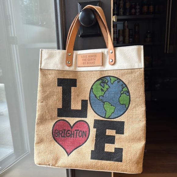 Brighton Earth Love Tote Burlap/Leather 13" x 15" LOVE MAKES EARTH GO ROUND - Picture 10 of 10